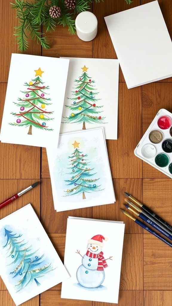 A variety of watercolor Christmas cards with festive designs on a wooden table with art supplies.